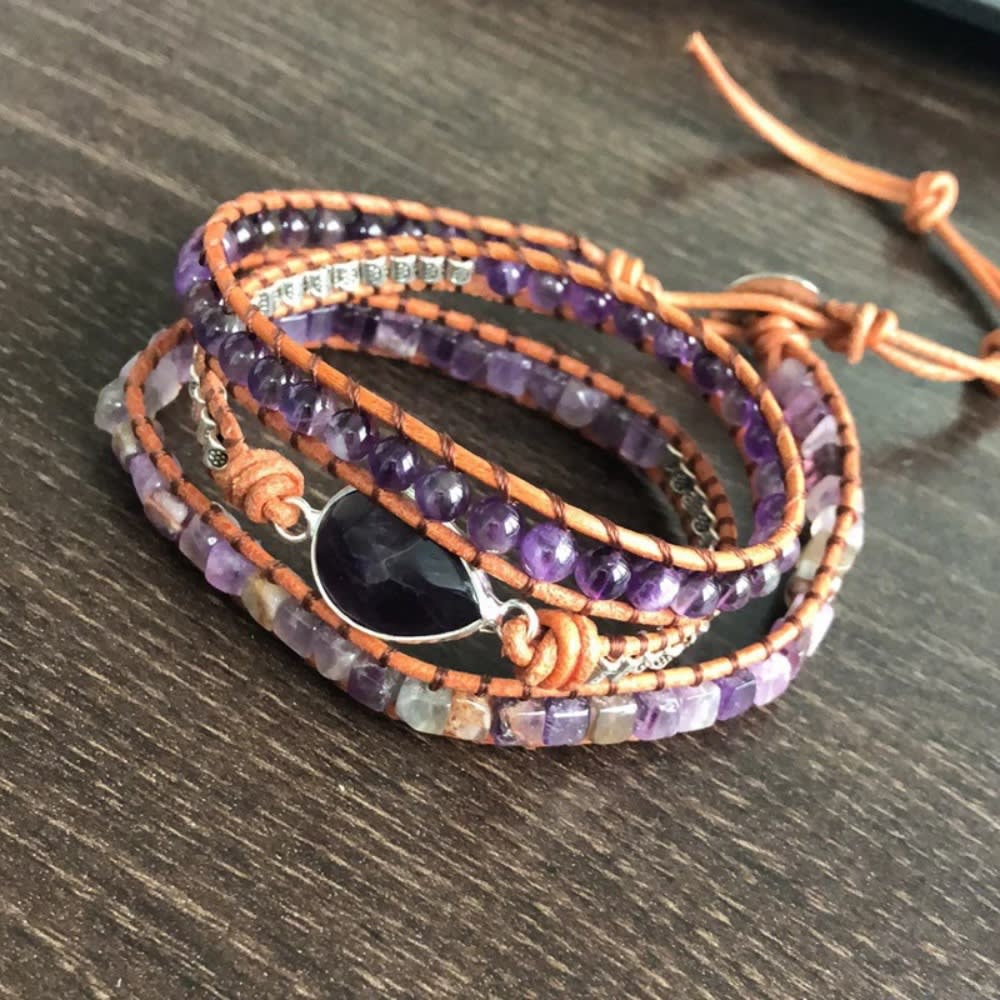 Natural Stone Bohe Amethyst Drop Shaped Three Layers Purple Braided Lily Beads Bracelet for Women Girl Jewelry Gift